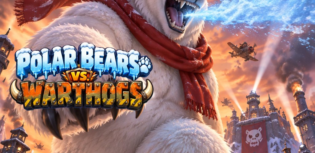 Polar Bears vs. Warthogs: a giant polar bear in a red scarf roars over a Warthog fortress while biplanes fly overhead